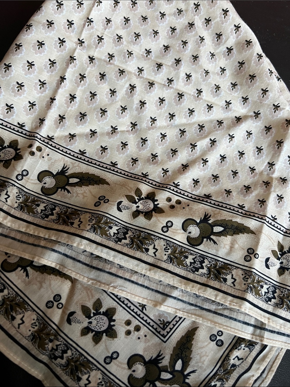We The People- Cream Floral Border Scarf with Olive and Black Accents